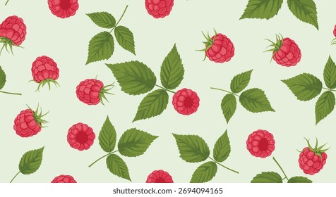 Raspberry fruit and leaf pattern on a light green background, a seamless repeating design for various applications.