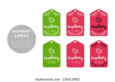 Raspberry fruit Natural store labels set in green, red colors. Cartoon Advertising hundred percent organic Stickers. fruit Badges with Hand drawn raspberry with Eco leaves ready for web and Print