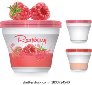 Raspberry fruit  package design with raspberry fruit  splash . Packaging design template .Raspberry fruit  cup design. 