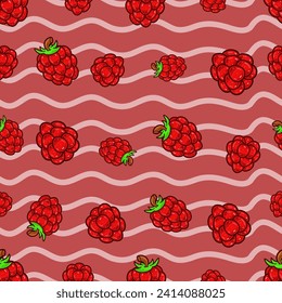 Raspberry Fruit Seamless Pattern in Cartoon Style. Perfect For Background, Backdrop, Wallpaper and Cover Packaging. Vector Illustration.