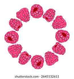 Coroa de framboesa em forma redonda. Bagas suculentas desenhadas à mão no estilo doodle. Ótimo para decoração de verão, embalagem ou marca de alimentos orgânicos.