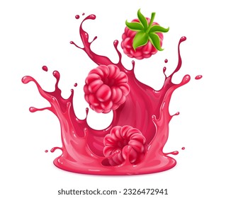 Raspberry fruits falling down into the juice splash of smoothie or beverage. Sweet drink cocktail with fresh raspberries flavour isolated on white. Vector illustration