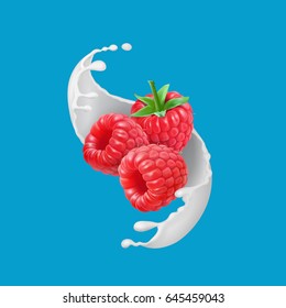 Raspberry fruits and milk splash. 3d icon realistic . Vector illustration