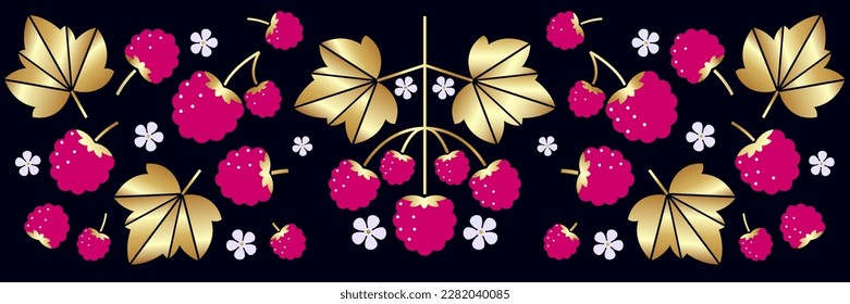 Raspberry, gold leaves and small flowers on black background. Border or frieze. Fresh fruit. 