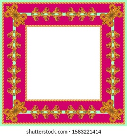 Raspberry and green frame in vintage style. Golden floral elements around a white square.