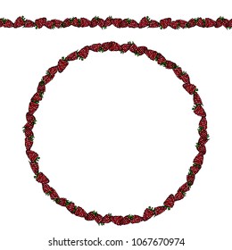 Raspberry and Green Leaves Endless Brush, Border. Round Wreath with Summer Berries. Greeting Card Pattern. Realistic Hand Drawn Illustration. Savoyar Doodle Style.