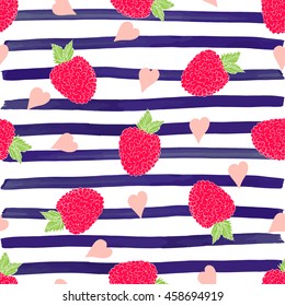 Raspberry hand drawn sketch striped Seamless Pattern. Vector Illustration.