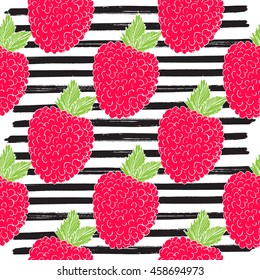 Raspberry hand drawn sketch striped Seamless Pattern. Vector Illustration.