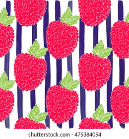 Raspberry hand drawn sketch striped Seamless Pattern. Vector Illustration.
