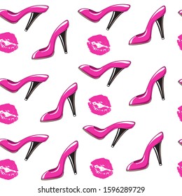 Raspberry high heel shoes and trail of kiss seamless pattern on a white background