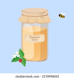 Raspberry Honey isolated on blue background. Vector illustration of floral, herbal honey in glass jar, with branches of wild blooming plant and bee in cartoon flat style. 