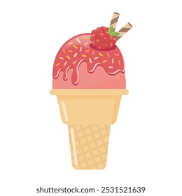 Cone de sorvete de framboesa com wafer rolos ilustração vetor. Frutas frescas e sobremesa doce.
