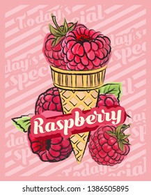 raspberry ice cream scoop in cone. Vector sketch illustration. Fruit ice cream idea, concept