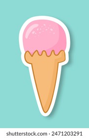 A raspberry ice cream sticker or icon on a green background. Trendy pop art design of the 80s. Vector illustration.