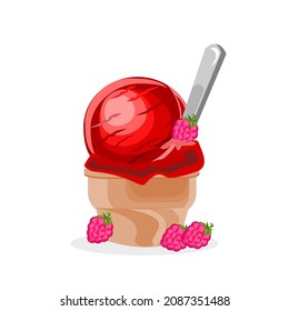 Raspberry ice cream in waffles.There is a spoon on top and raspberries on the side.Isolated vector illustration on a white background.