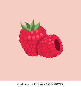 Raspberry isolated on a beige background. Group of berries. Red raspberries and green leaves.  Raspberry berries illustration isolated flat. Raspberries. Wild berry. Vector illustration.