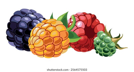 Raspberry isolated on white background. Yellow, red, green raspberries and blackberry with green leaves.  Delicious raspberries. Beautiful graphic berry composition designs.