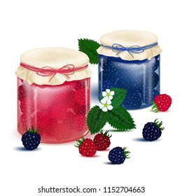 Raspberry jam. Blackberry Jam. Glass jar with delicious sweet jam - stock vector