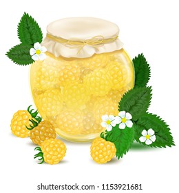 Raspberry jam. Blackberry Jam. Glass jar with delicious sweet jam - stock vector