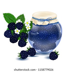 Raspberry jam. Blackberry Jam. Glass jar with delicious sweet jam - stock vector