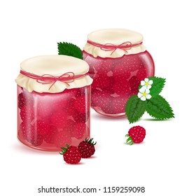 Raspberry jam. Blackberry Jam. Glass jar with delicious sweet jam - stock vector