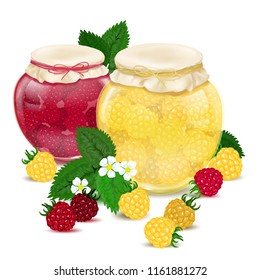 Raspberry jam. Blackberry Jam. Glass jar with delicious sweet jam - stock vector