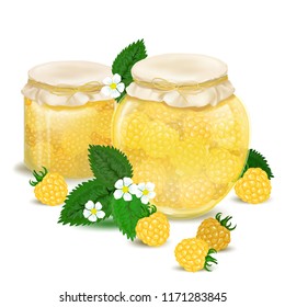 Raspberry jam. Blackberry Jam. Marmalade. Sweet dessert. Traditional harvest for the winter. Glass jar with delicious sweet jam - stock vector