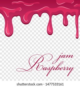 Raspberry jam cartoon. Flowing melting fruit sauce isolated transparent background. Realistic jelly berry confiture. Candy dripping dessert. Drop delicious food. Splash texture Vector illustration