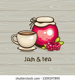 Raspberry Jam With Cup Of Tea Vector Illustration. Colorful Jar With Berries And Hot Drink On Wooden Background. Design For Logo, Menu And Label. Homemade Dessert.