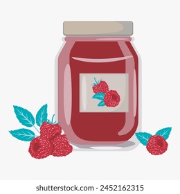 Raspberry jam with decorative raspberries  flat illustration