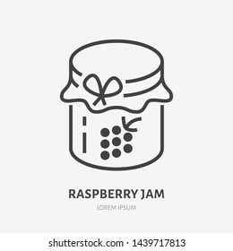 Raspberry jam flat line icon. Vector thin sign of glass jar with jelly logo. Preserve outline illustration.