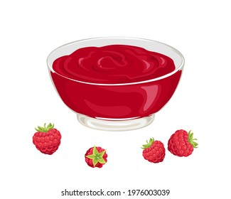 Raspberry jam in glass bowl. Vector Berry red confiture  isolated on white background.  Illustration in cartoon flat style.