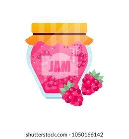 Raspberry jam, glass jar of berry confiture vector Illustration on a white background