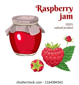 Raspberry jam in glass jar. Fresh berries and green leaves. Vector illustration of sweets in flat style.