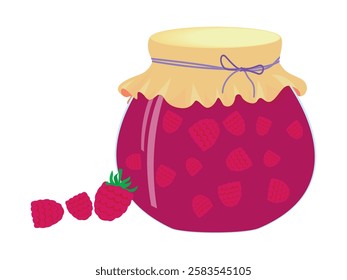 Raspberry jam in glass jar and fresh berry. Vector cartoon flat illustration. Homemade sweet food icon.