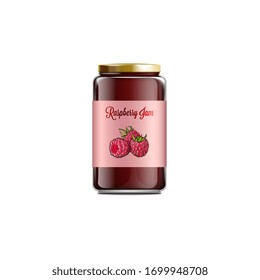 Himbeerglas-Marmelsäulen mit farbenfrohen Tag-realistische Vektorillustration-Vorlage Illustration einzeln auf weißem Hintergrund. Berry süß Dose Gelee oder Confiture Mock up.