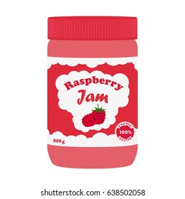 Raspberry jam in glass jar. Made in cartoon flat style. Healthy nutrition.