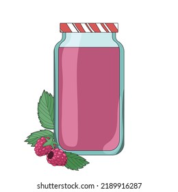 Raspberry jam in the glass jar. Pink berries. Homemade blanks for winter. Vector texture. Colored illustration. Isolated on white. 