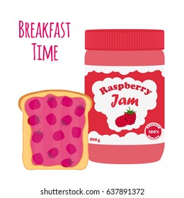 Raspberry jam in glass jar, toast with jelly. Made in cartoon flat style. Healthy nutrition.