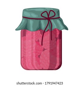 Raspberry jam in a glass jar. Vector illustration. Raspberry in a jar.