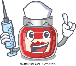 A raspberry jam hospitable Nurse character with a syringe