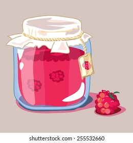 Raspberry jam jar icon. Hand drawn vector illustration. Doodle fruit background. Marmalade. 