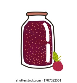 Raspberry jam in a jar on a white background, next to a raspberry berry with a sprig. Vector