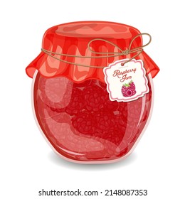 Raspberry jam in a jar on a white background