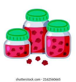 Mermelada de frambuesa. Jar de bayas rosas y jarabe de fruta. Utensilios de cocina de vidrio. Ilustración de dibujos animados planos aislados sobre fondo blanco