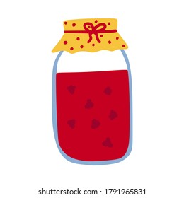 Raspberry jam in a jar. Preparations for the winter. A hug, a cozy home, comfort. Hand drawn and isolated on a white background. Color vector illustration. Doodle style