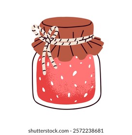 Raspberry jam jar. Sealed sweet homemade preserve from berries. Strawberry confiture canned in glass. Natural treat, spread, sugar dessert. Flat vector illustration isolated on white background