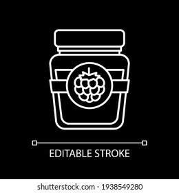Raspberry jam in jar white linear icon for dark theme. Sweet canned marmalade. Fruity dessert. Thin line customizable illustration. Isolated vector contour symbol for night mode. Editable stroke