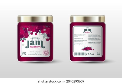 Raspberry jam. Label for jar and packaging. Berries, leaves and flowers, text, stamp(sugar free).