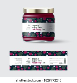 Raspberry Jam Label And Packaging. Jar With Cap With Label. White Strip With Text And On Seamless Pattern With Berries, Flowers And Leaves.